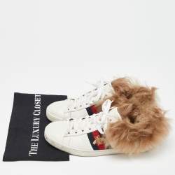 Gucci White Leather and Fur Embroidered Bee Ace Sneakers Size 38.5
