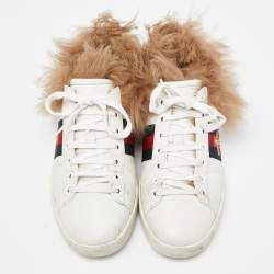 Gucci White Leather and Fur Embroidered Bee Ace Sneakers Size 38.5