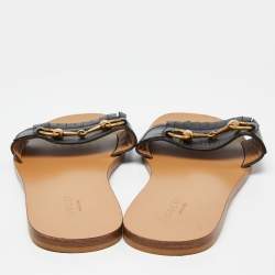 Pre Owned Gucci Black Leather Fringe Horsebit Flat Slides Size 37