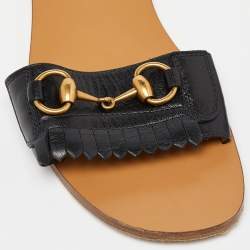 Pre Owned Gucci Black Leather Fringe Horsebit Flat Slides Size 37
