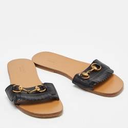 Pre Owned Gucci Black Leather Fringe Horsebit Flat Slides Size 37