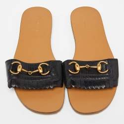 Pre Owned Gucci Black Leather Fringe Horsebit Flat Slides Size 37