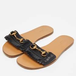 Pre Owned Gucci Black Leather Fringe Horsebit Flat Slides Size 37