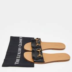 Pre Owned Gucci Black Leather Fringe Horsebit Flat Slides Size 37
