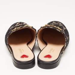 Pre Owned Gucci Black/Beige Lace and Leather Princetown Flat Mules Size 37