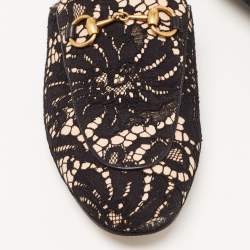 Pre Owned Gucci Black/Beige Lace and Leather Princetown Flat Mules Size 37