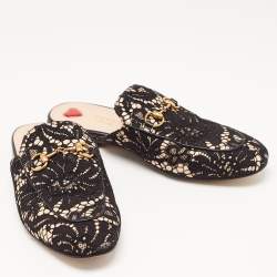 Pre Owned Gucci Black/Beige Lace and Leather Princetown Flat Mules Size 37