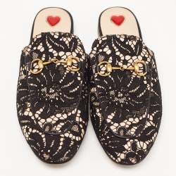 Pre Owned Gucci Black/Beige Lace and Leather Princetown Flat Mules Size 37