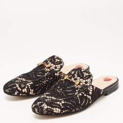 Pre Owned Gucci Black/Beige Lace and Leather Princetown Flat Mules Size 37