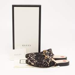 Pre Owned Gucci Black/Beige Lace and Leather Princetown Flat Mules Size 37