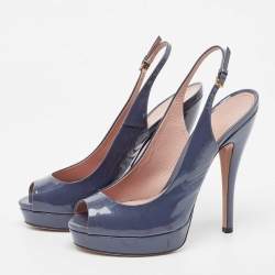 Pre Owned Gucci Blue Patent Leather Slingback Pumps Size 38.5
