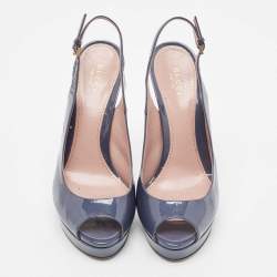 Pre Owned Gucci Blue Patent Leather Slingback Pumps Size 38.5