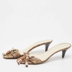 Gucci Brown/Beige GG Canvas Bamboo Tassel Horsebit Slide Sandals Size 38