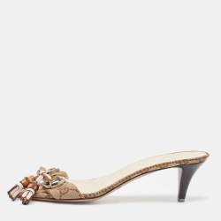 Gucci Brown/Beige GG Canvas Bamboo Tassel Horsebit Slide Sandals Size 38
