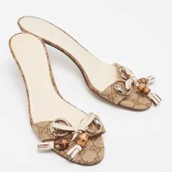 Gucci Brown/Beige GG Canvas Bamboo Tassel Horsebit Slide Sandals Size 38