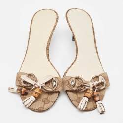 Gucci Brown/Beige GG Canvas Bamboo Tassel Horsebit Slide Sandals Size 38