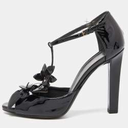 Gucci Black Patent Leather Applique T Strap Sandals Size 36.5
