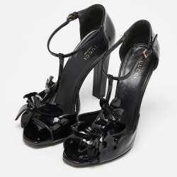 Gucci Black Patent Leather Applique T Strap Sandals Size 36.5