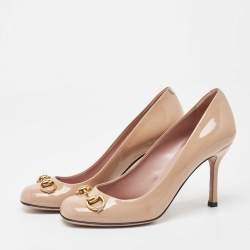 Pre Owned Gucci Beige Patent Leather Horsebit Square Toe Pumps Size 36.5