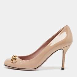 Pre Owned Gucci Beige Patent Leather Horsebit Square Toe Pumps Size 36.5