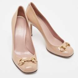 Pre Owned Gucci Beige Patent Leather Horsebit Square Toe Pumps Size 36.5