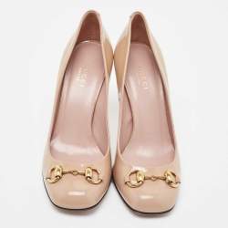 Pre Owned Gucci Beige Patent Leather Horsebit Square Toe Pumps Size 36.5