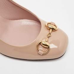 Pre Owned Gucci Beige Patent Leather Horsebit Square Toe Pumps Size 36.5
