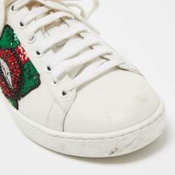 Gucci White Leather Sequins and Crystal Embellished Lips Ace Sneakers Size 36