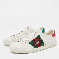 Gucci White Leather Sequins and Crystal Embellished Lips Ace Sneakers Size 36