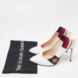 Pre Owned Gucci White Leather Sylvie Web Bee Slingback Pumps Size 37