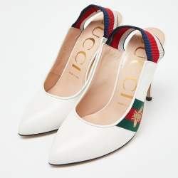 Pre Owned Gucci White Leather Sylvie Web Bee Slingback Pumps Size 37