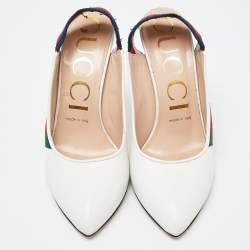 Pre Owned Gucci White Leather Sylvie Web Bee Slingback Pumps Size 37