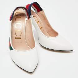 Pre Owned Gucci White Leather Sylvie Web Bee Slingback Pumps Size 37