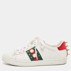 Gucci White Leather Faux Pearl Embellished and Studded Ace Sneakers Size 35.5