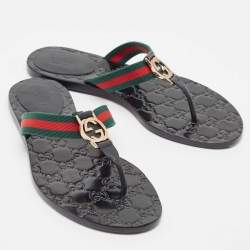 Pre Owned Gucci Tricolor Leather and Canvas Web Interlocking G Thong Flats Size 37