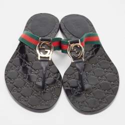 Pre Owned Gucci Tricolor Leather and Canvas Web Interlocking G Thong Flats Size 37