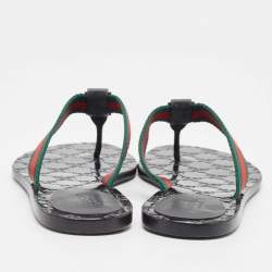 Pre Owned Gucci Tricolor Leather and Canvas Web Interlocking G Thong Flats Size 37