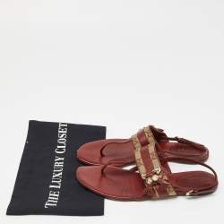 Pre Owned Gucci Burgundy/Beige Leather and Canvas Thong Flats Size 36.5