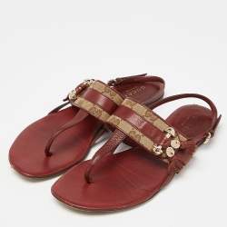 Pre Owned Gucci Burgundy/Beige Leather and Canvas Thong Flats Size 36.5