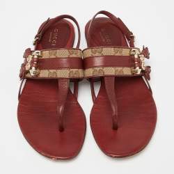 Pre Owned Gucci Burgundy/Beige Leather and Canvas Thong Flats Size 36.5