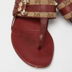 Pre Owned Gucci Burgundy/Beige Leather and Canvas Thong Flats Size 36.5