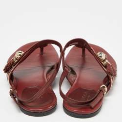 Pre Owned Gucci Burgundy/Beige Leather and Canvas Thong Flats Size 36.5