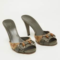 Gucci Grey/Beige Canvas and Leather Slide Sandals Size 39