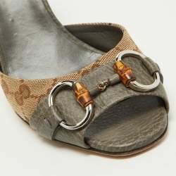 Gucci Grey/Beige Canvas and Leather Slide Sandals Size 39