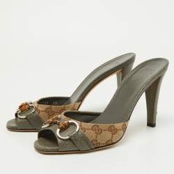 Gucci Grey/Beige Canvas and Leather Slide Sandals Size 39