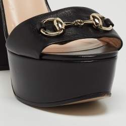 Gucci Black Leather Horsebit Platform Ankle Strap Sandals Size 35.5
