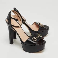 Gucci Black Leather Horsebit Platform Ankle Strap Sandals Size 35.5