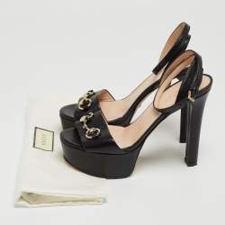 Gucci Black Leather Horsebit Platform Ankle Strap Sandals Size 35.5