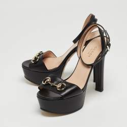 Gucci Black Leather Horsebit Platform Ankle Strap Sandals Size 35.5