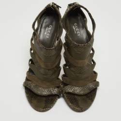 مملوكة مسبقًا Gucci Green Python And Suede Ankle Strap Sandals Size 38